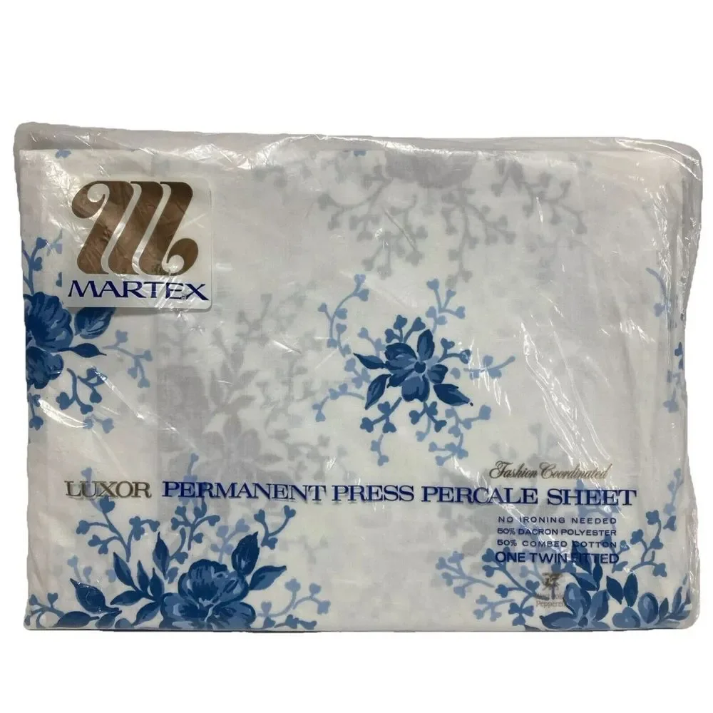 Martex Blue White Floral Twin Fitted Sheet Only‎ Percale USA Westpoint Pepperell